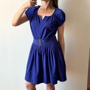 DIANE VON FURSTENBERG Blue Stretchy Cap Sleeve Belted Dress